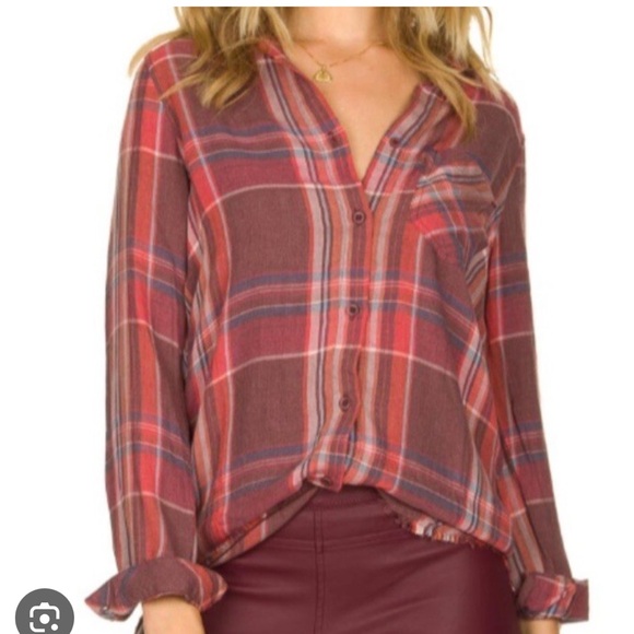 Bella Dahl Sassafras Fray Hem Plaid Button Down Red - Picture 1 of 6